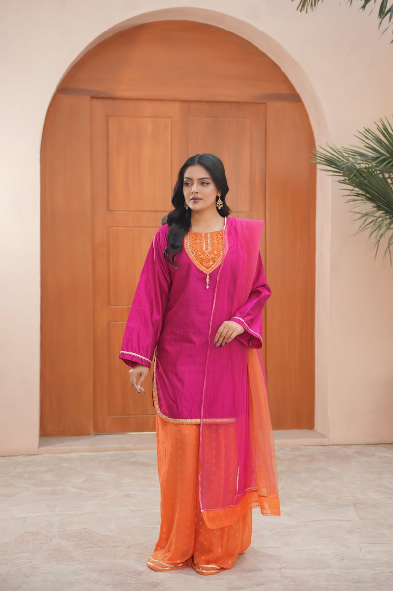 SHARABATI CHARM (A0017) - 3 Piece Cotton Silk with Chiffon Boti Sharara