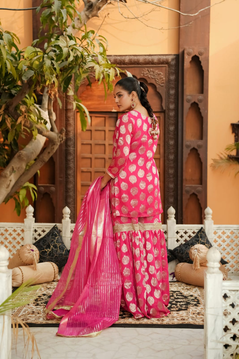 ZARDOZI CHARM (A0006) - 3 Piece Summer Chiffon Jamawar Gharara Set