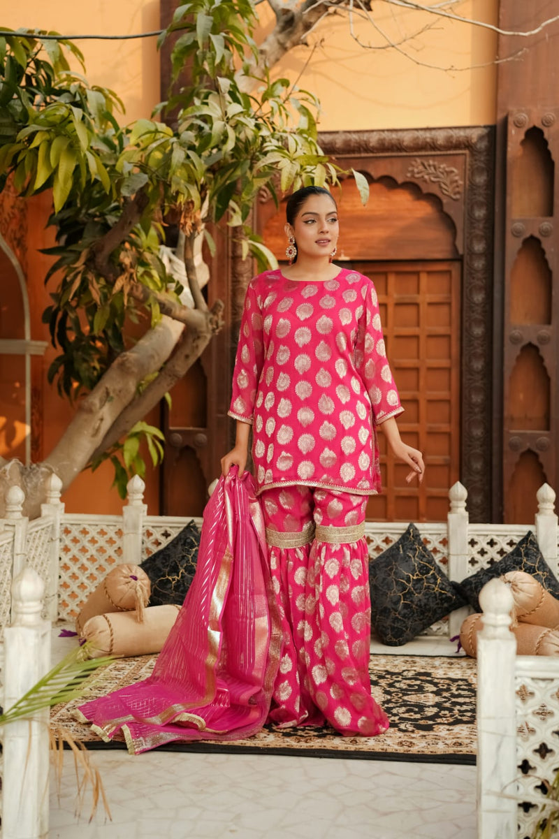 ZARDOZI CHARM (A0006) - 3 Piece Summer Chiffon Jamawar Gharara Set