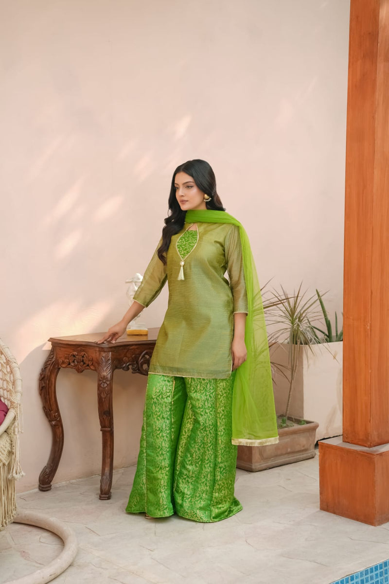 SABZ CHARM (A0019) - 3 Piece Summer Cotton Net & Silk Jamawar Sharara
