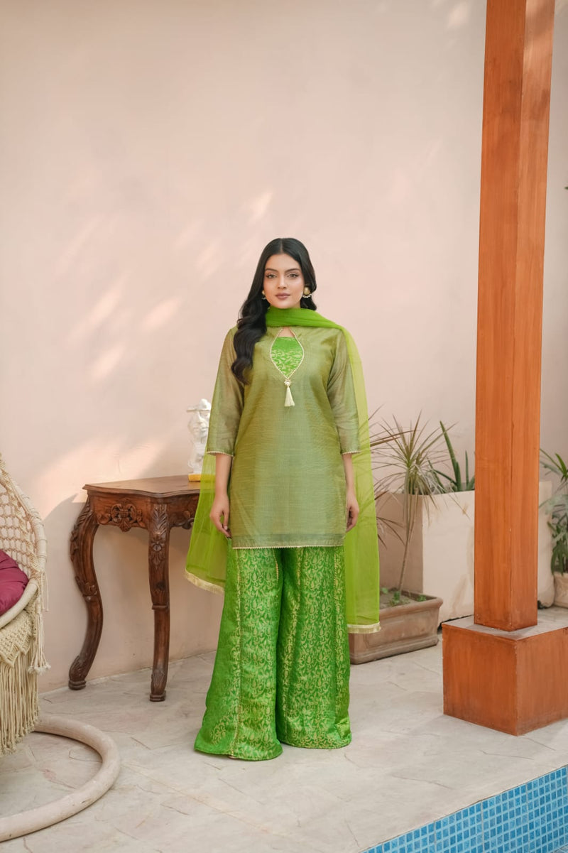SABZ CHARM (A0019) - 3 Piece Summer Cotton Net & Silk Jamawar Sharara