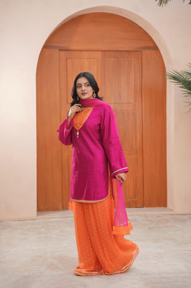 SHARABATI CHARM (A0017) - 3 Piece Cotton Silk with Chiffon Boti Sharara