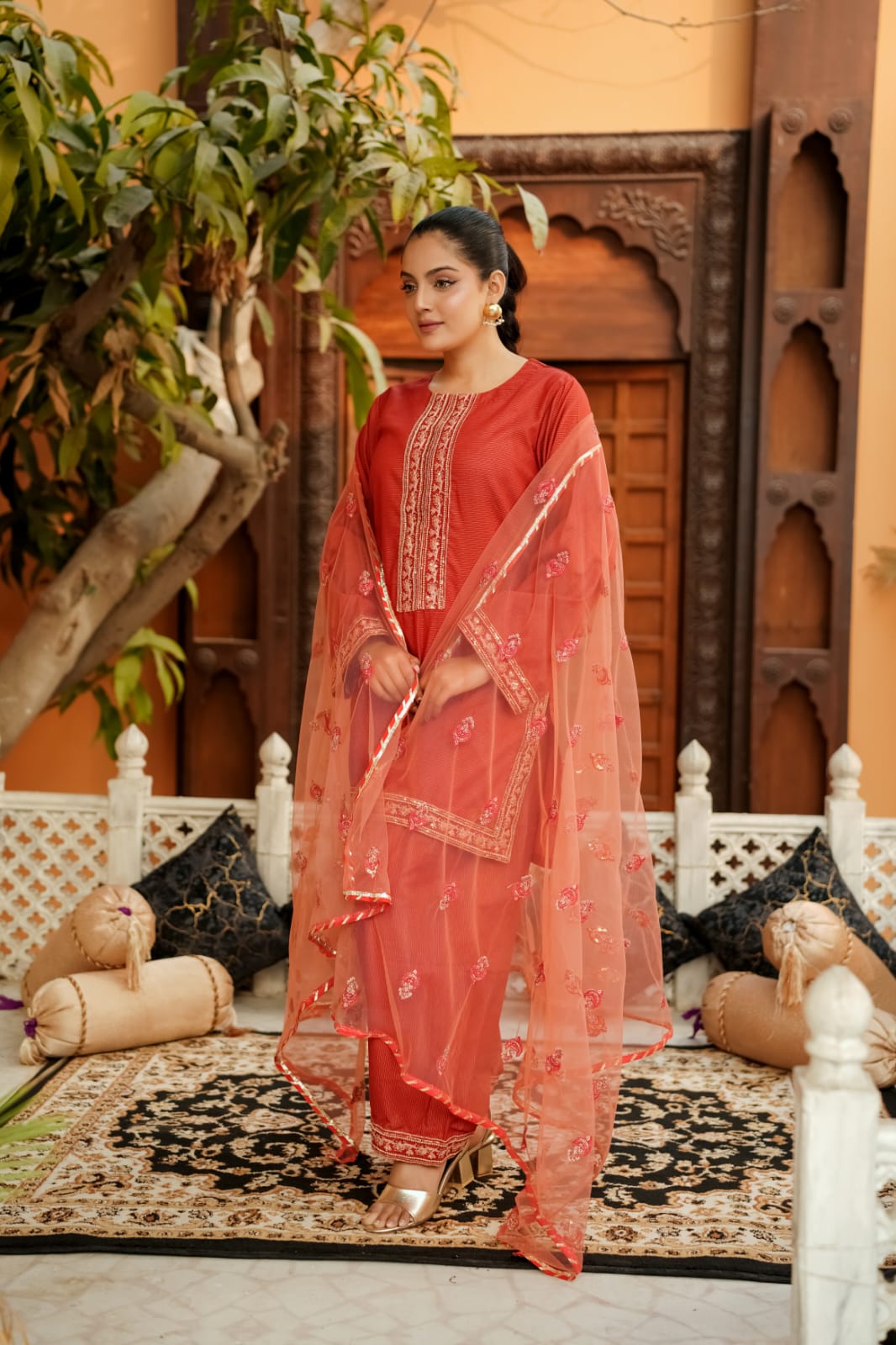 Naranji Charm | Cotton & Net Embroidered 3-Piece