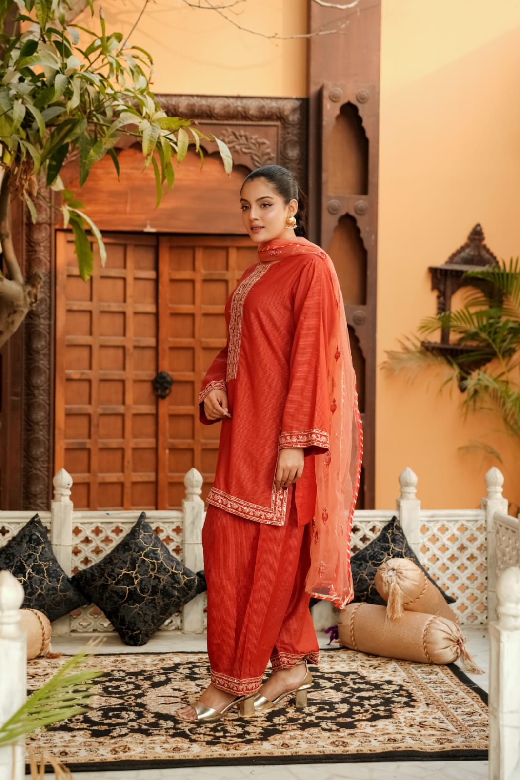 Naranji Charm | Cotton & Net Embroidered 3-Piece