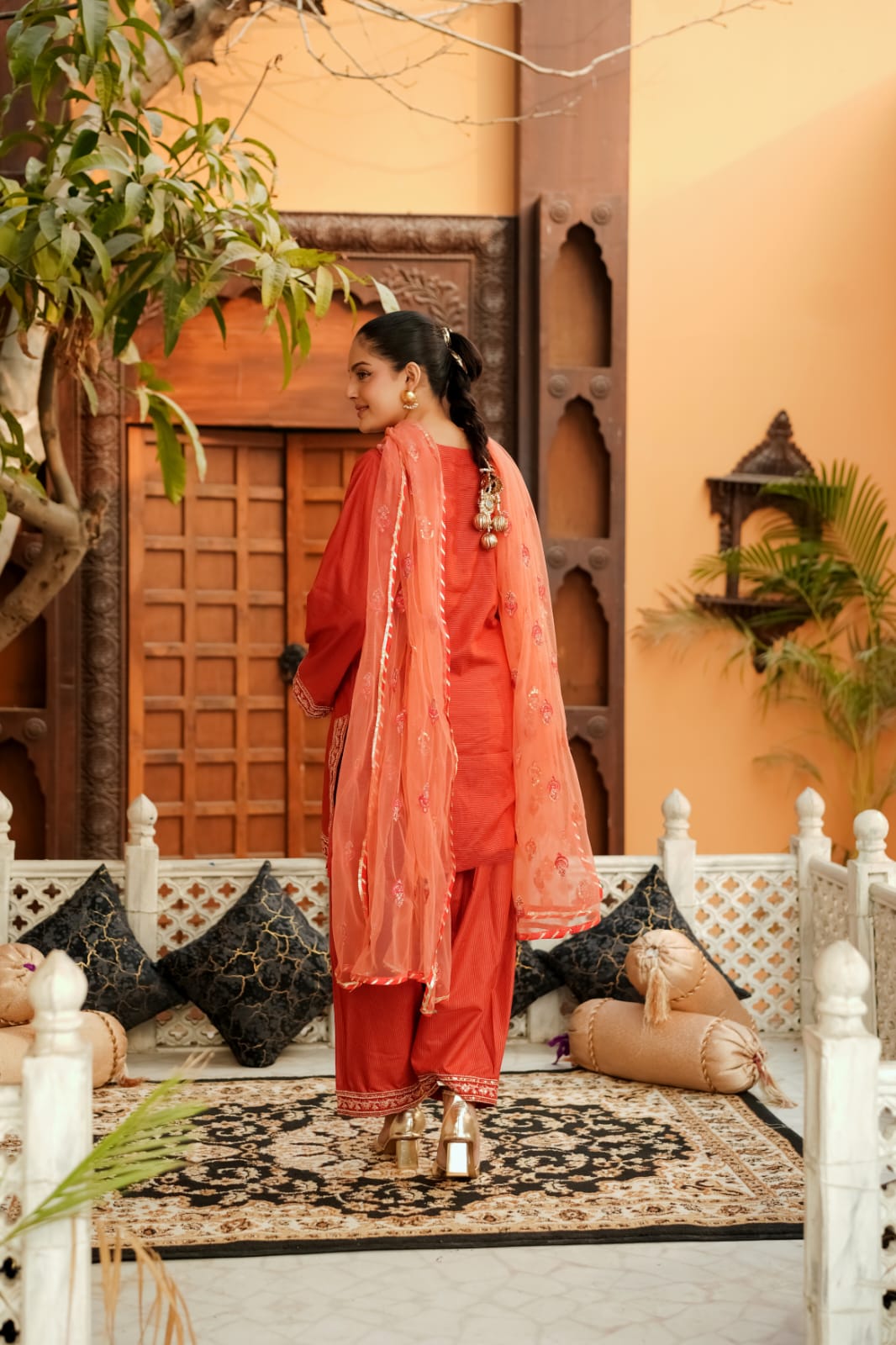 Naranji Charm | Cotton & Net Embroidered 3-Piece
