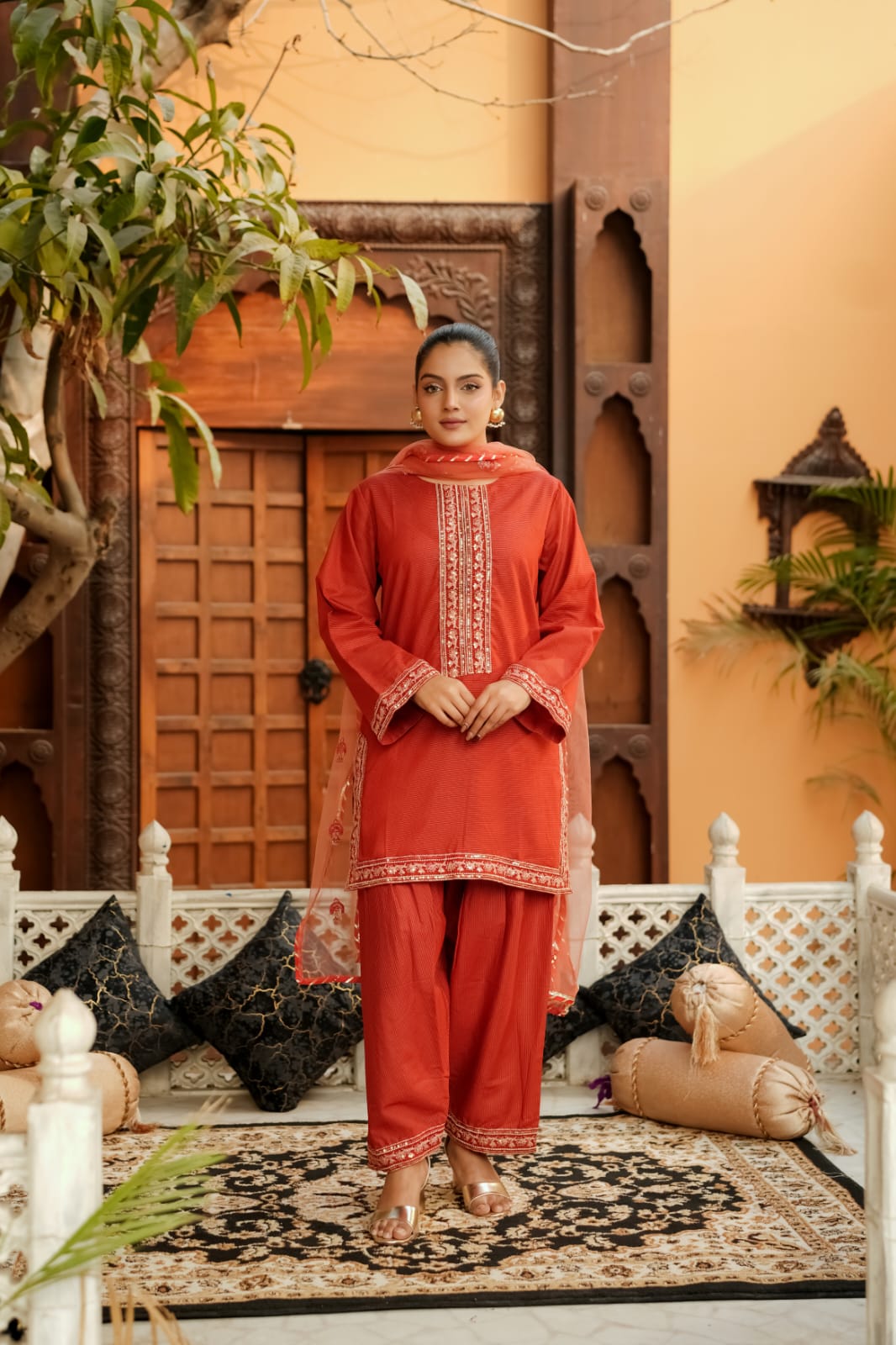 Naranji Charm | Cotton & Net Embroidered 3-Piece